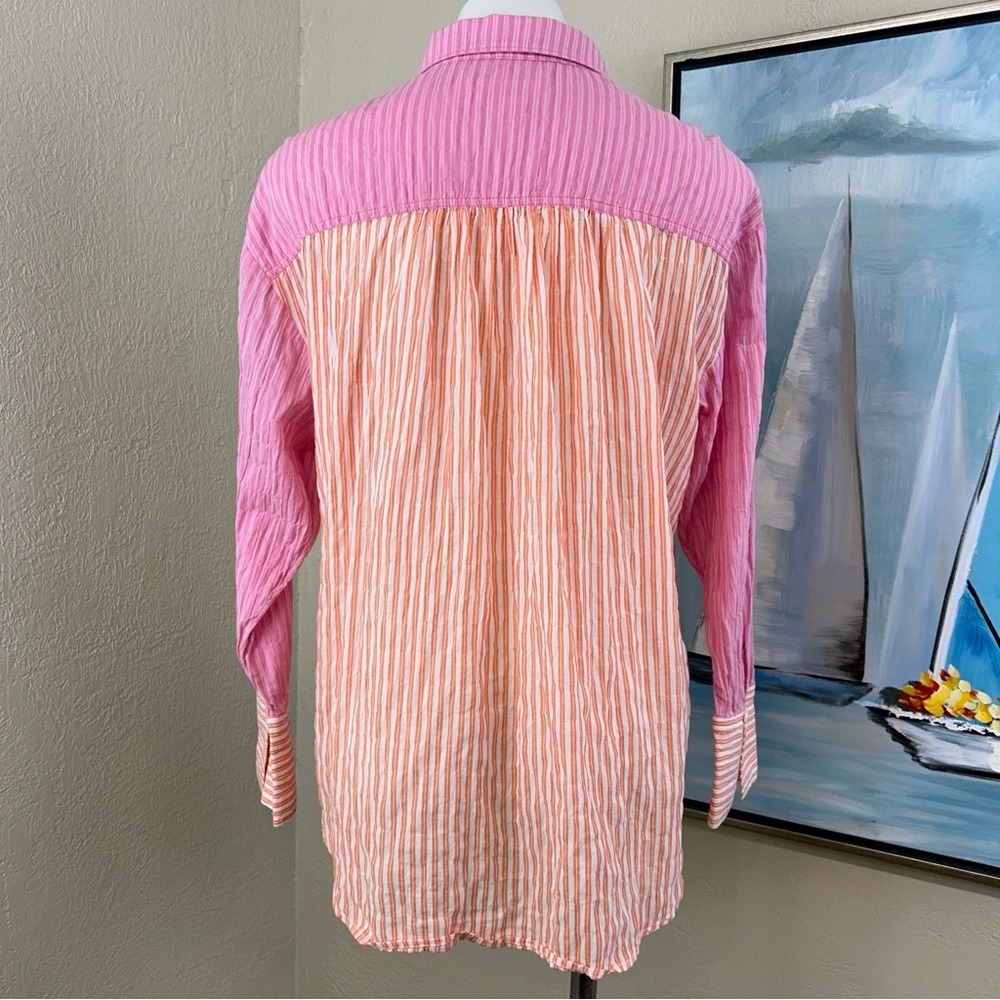 Anthropologie Maeve Button-Front Shirt Pink Orange Striped size med - Picture 5 of 10